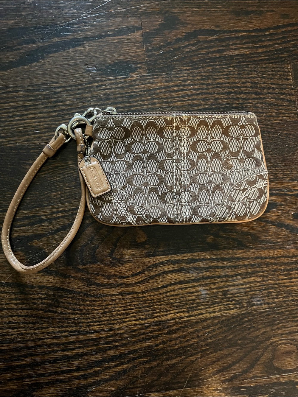 Y2K Coach Signature Logo Brown Beige Zip Wristlet